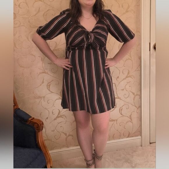 🎁$6 Bundled 🎁Striped Black  Tan Mini Everyday Women's Dress Sz XL Has Stretch - Picture 1 of 7